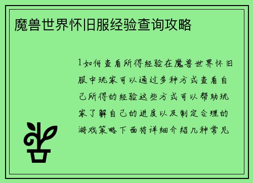魔兽世界怀旧服经验查询攻略