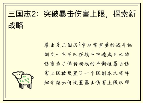 三国志2：突破暴击伤害上限，探索新战略